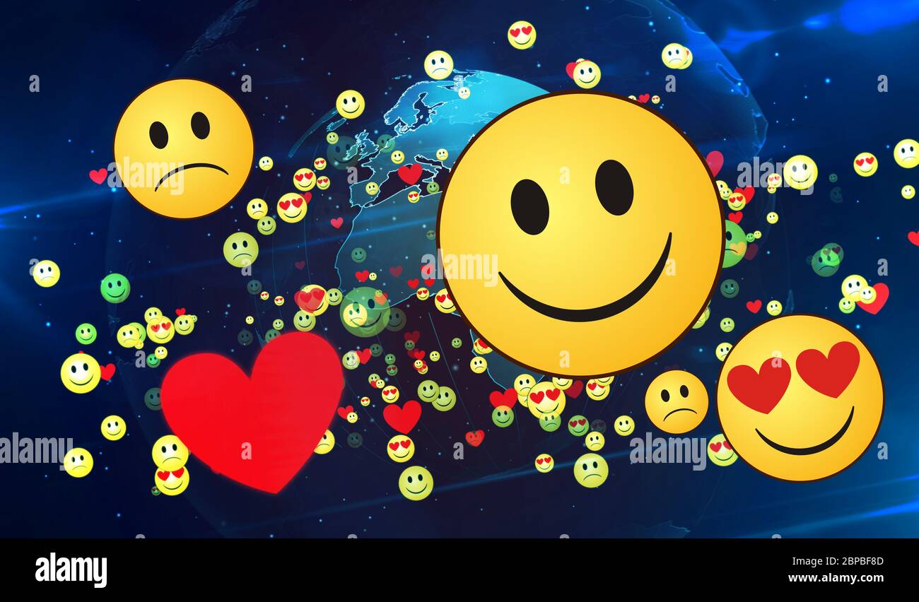 Icona emoji sfondo astratto. Sorriso, amore, triste emoticon simboli 3d illustrazione. Concetto astratto sfondo digitale di chat e social media commun Foto Stock