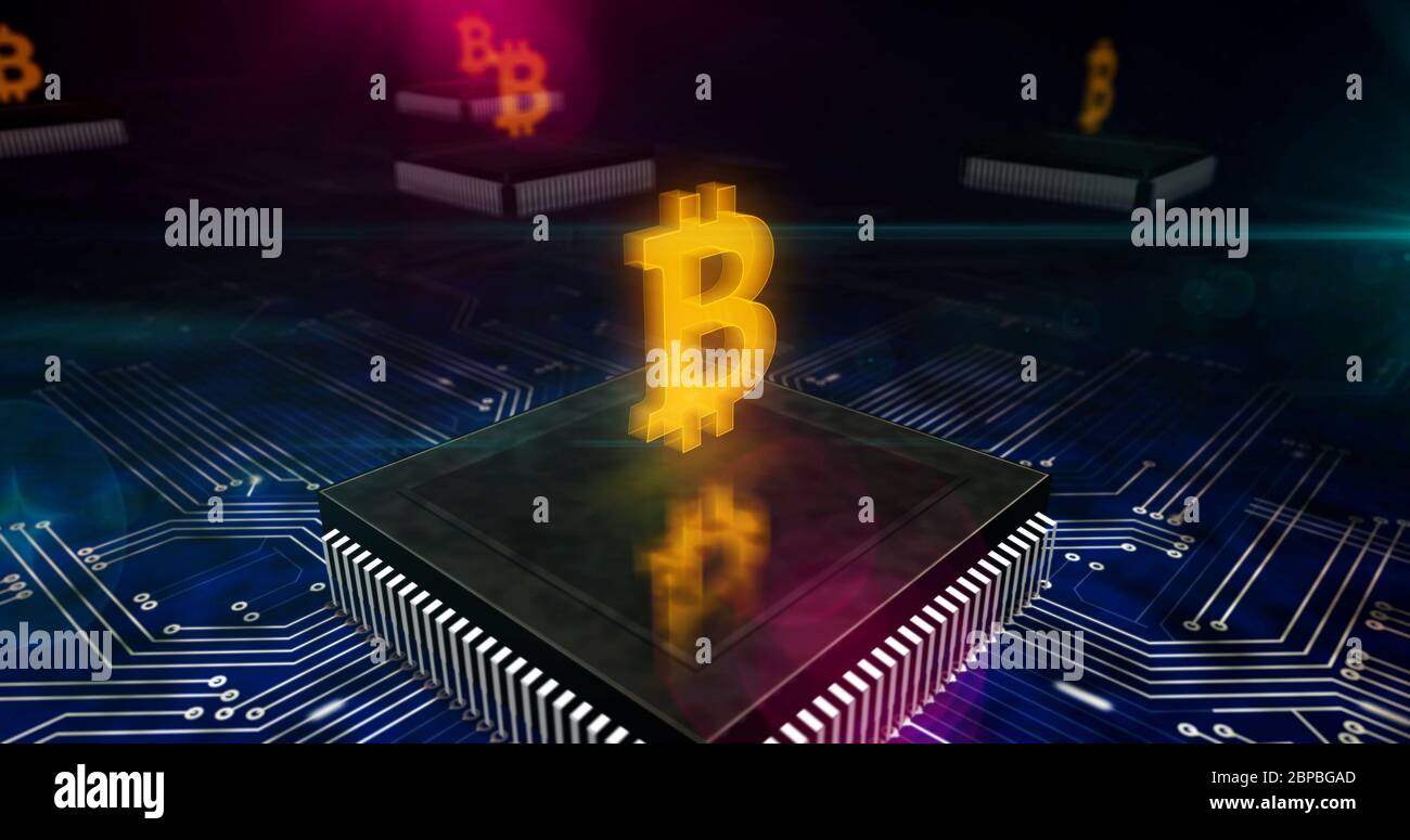 Bitcoin mining, criptovaluta, denaro virtuale e tecnologia blockchain. Illustrazione 3D del concetto astratto della valuta digitale. Circuito scheda all'interno del pezzo Foto Stock