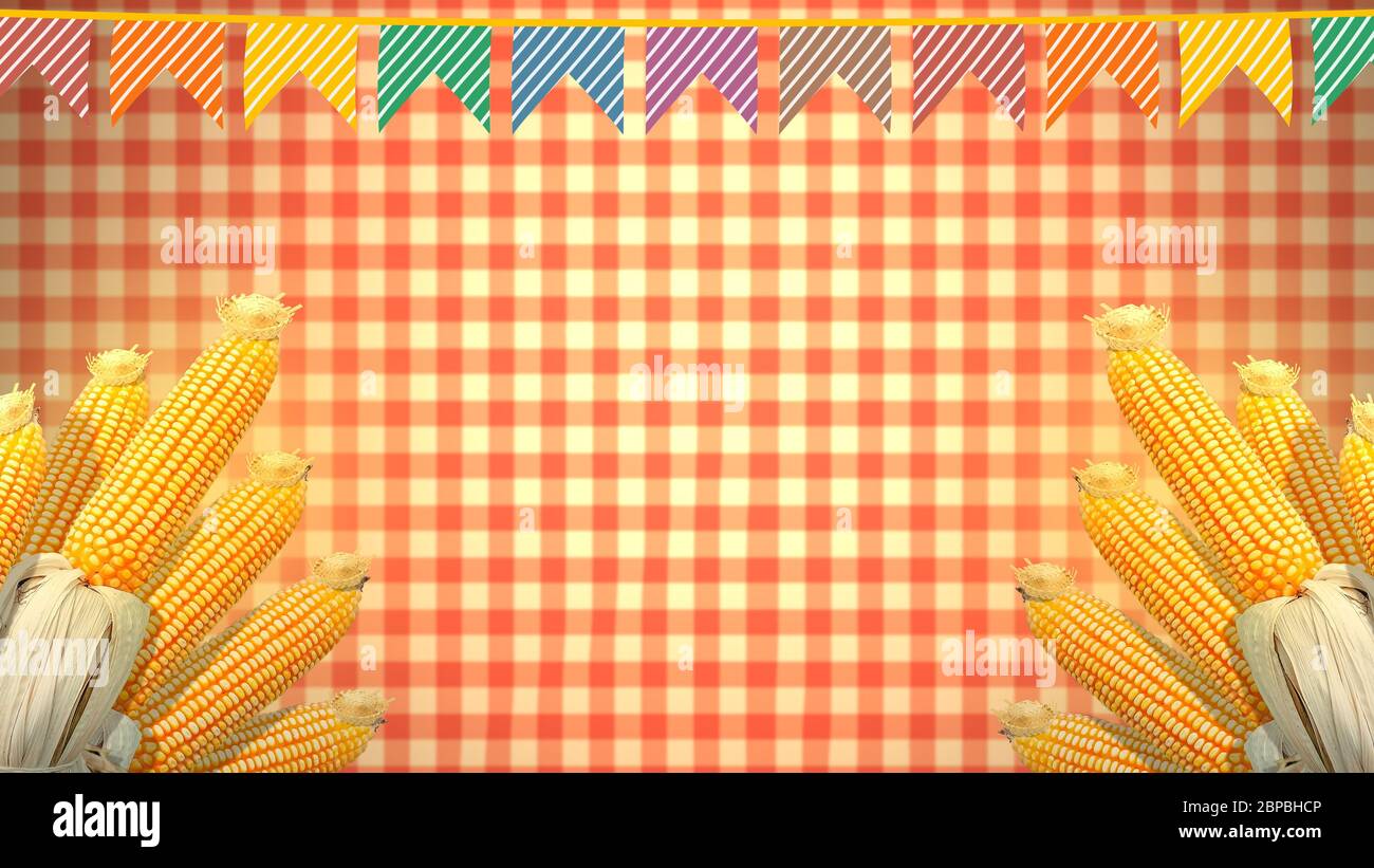 Festa Junina sfondo, brasiliano San Giovanni partito. Decorazione con pannocchie di mais e bandiere colorate. Foto Stock