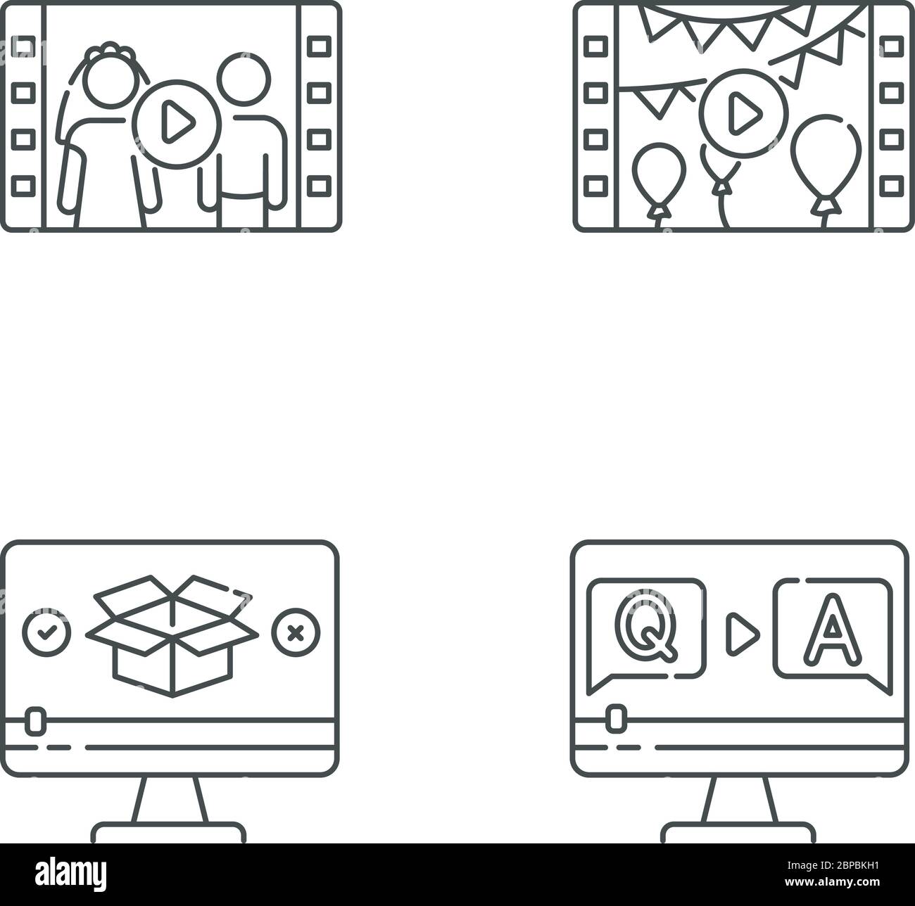 Set di icone lineari pixel Perfect per contenuti video Illustrazione Vettoriale