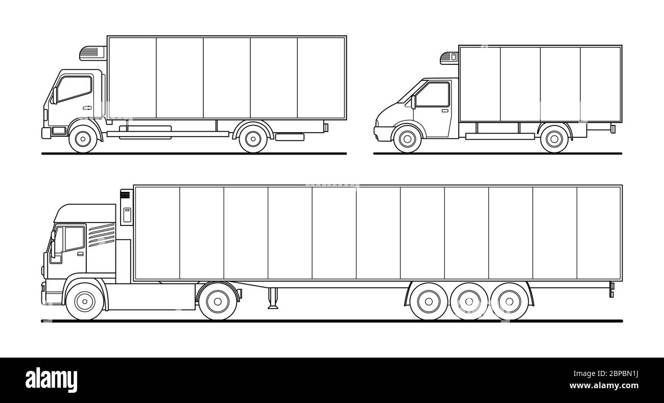Set di profili vettoriali per diversi veicoli refrigerati, semirimorchio per frigorifero. Carrello modello bianco per pubblicità, per libri da colorare. Freigh Illustrazione Vettoriale