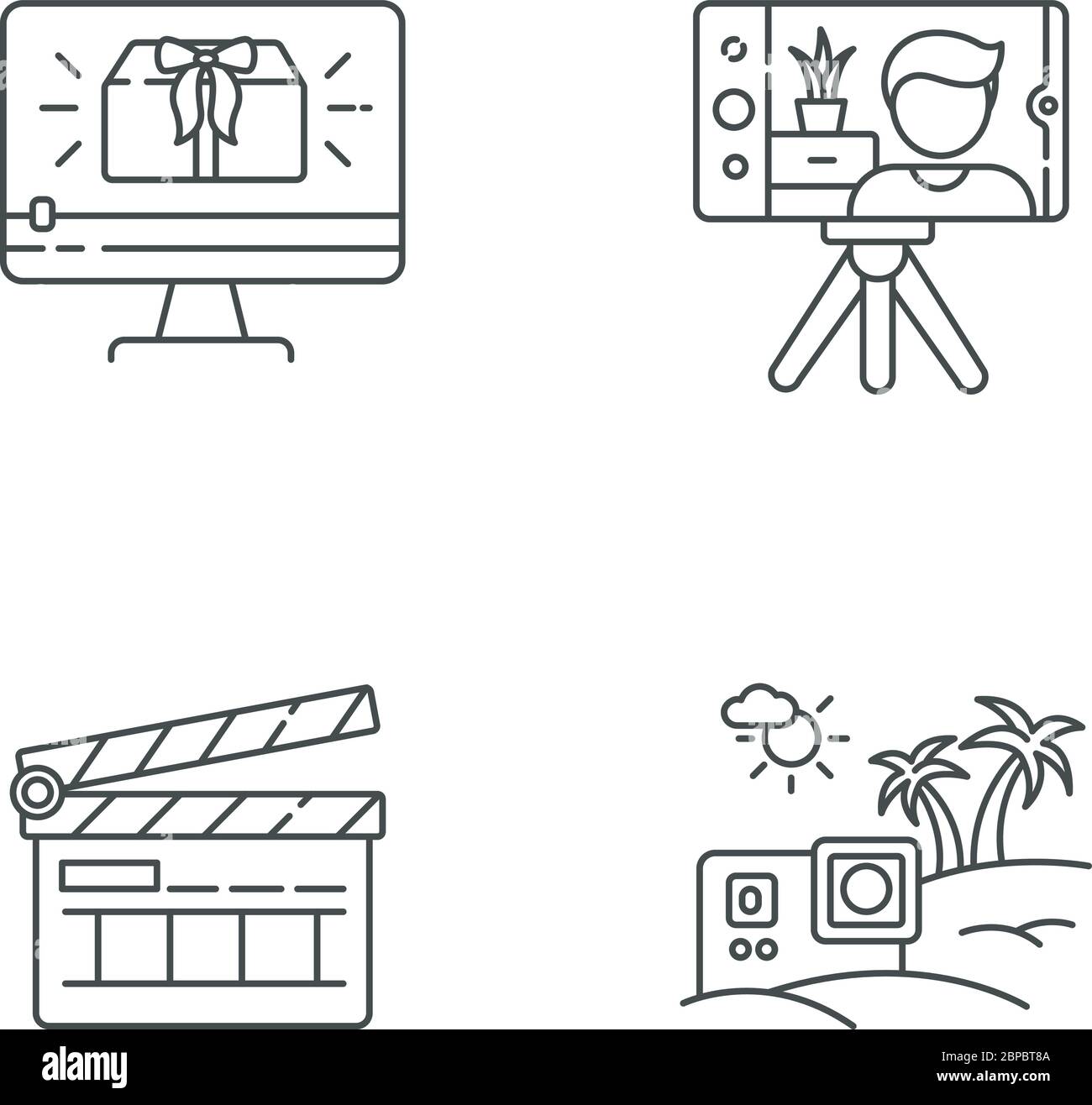 Filmmaking e Internet blogging pixel perfetto set di icone lineari Illustrazione Vettoriale