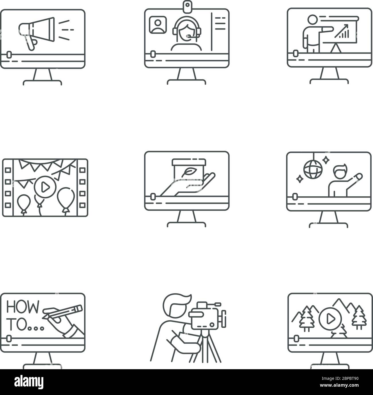 Set di icone lineari pixel Perfect per videografia Illustrazione Vettoriale