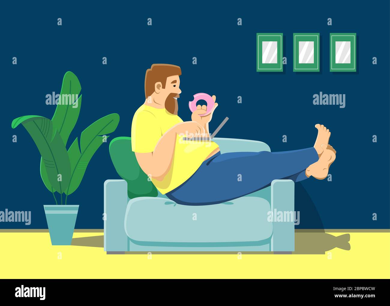 Uomo grasso seduto su un divano con un computer portatile sullo stomaco, mangiando una ciambella. Il concetto di uno stile di vita sedentario, obesità, lavoro a casa, quarantena, isola Illustrazione Vettoriale