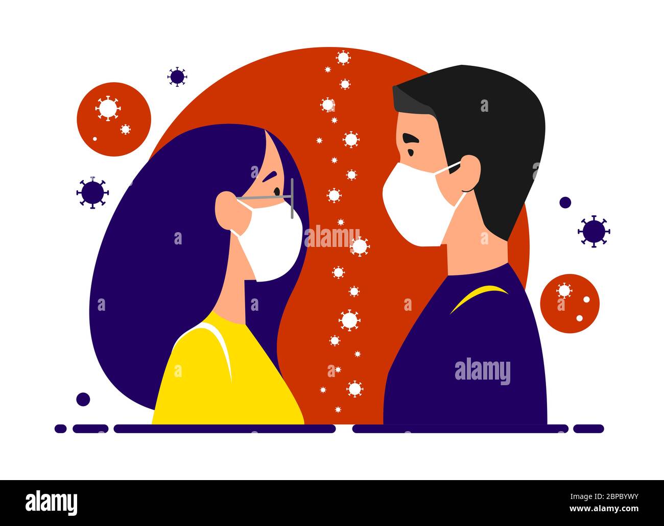 Una ragazza e un ragazzo in maschere mediche sono in piedi opposti l'uno all'altro, tra loro sono virus. Separato a causa del coronavirus. Rimani a casa, quarantena, iso Illustrazione Vettoriale