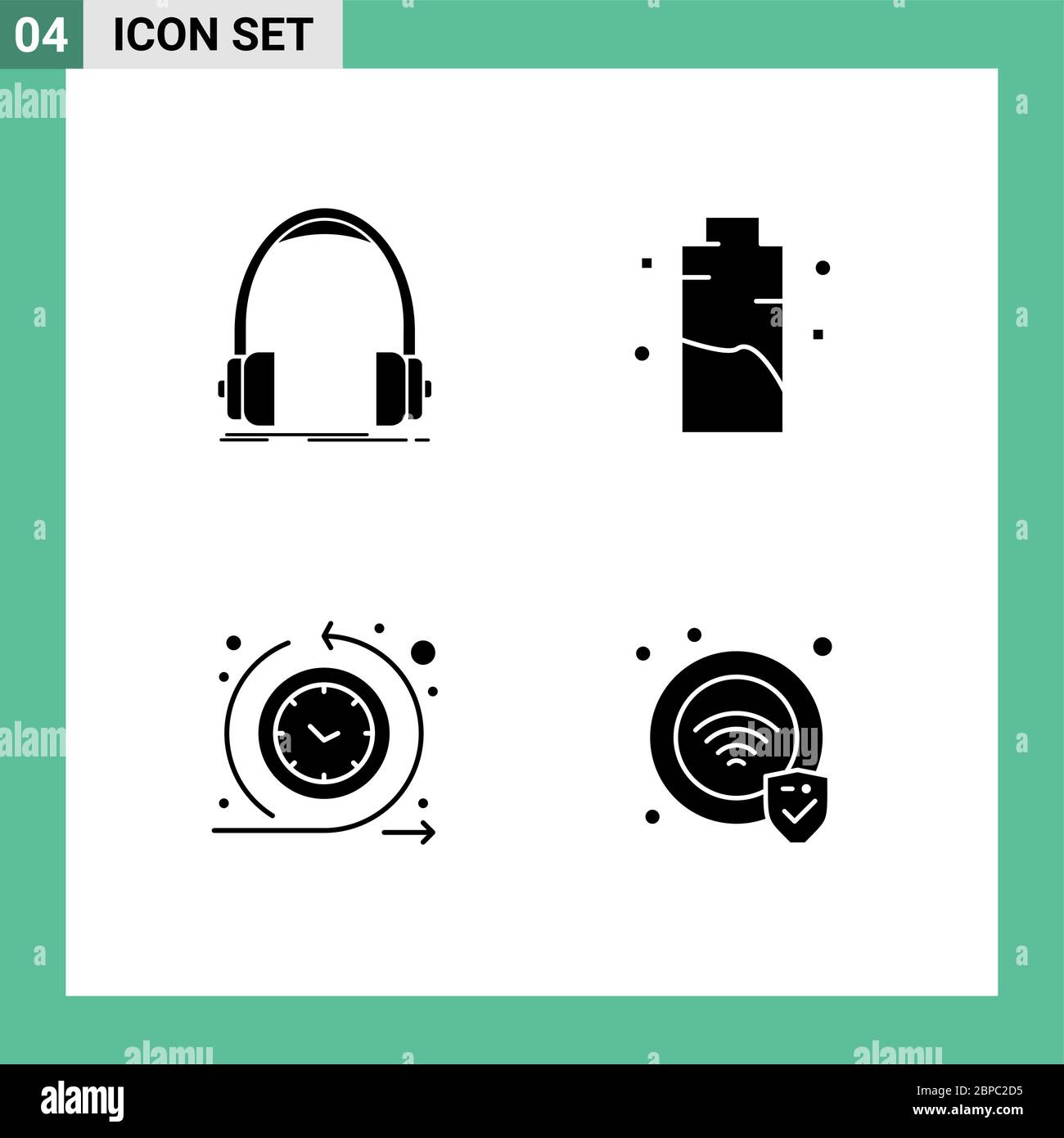 Set di 4 pacchetti commerciali di glifi solidi per audio, alimentazione, monitor, carica, elementi di progettazione vettoriale editabili Illustrazione Vettoriale