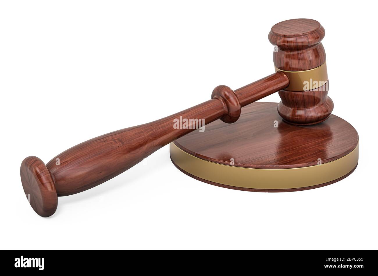 Closeup di gavel in legno, rendering 3D isolato su sfondo bianco Foto Stock