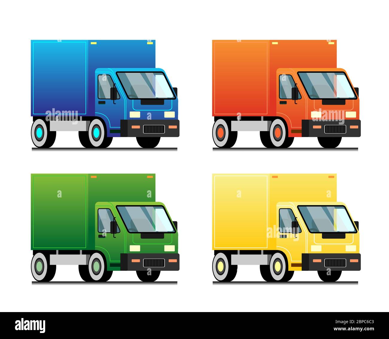 Set di 4 piccoli carrelli vettoriali di colori diversi. Consegna del carico. Camion in stile cartoon piano. Immagine per bambini, per la stampa su abiti, tessuti Illustrazione Vettoriale