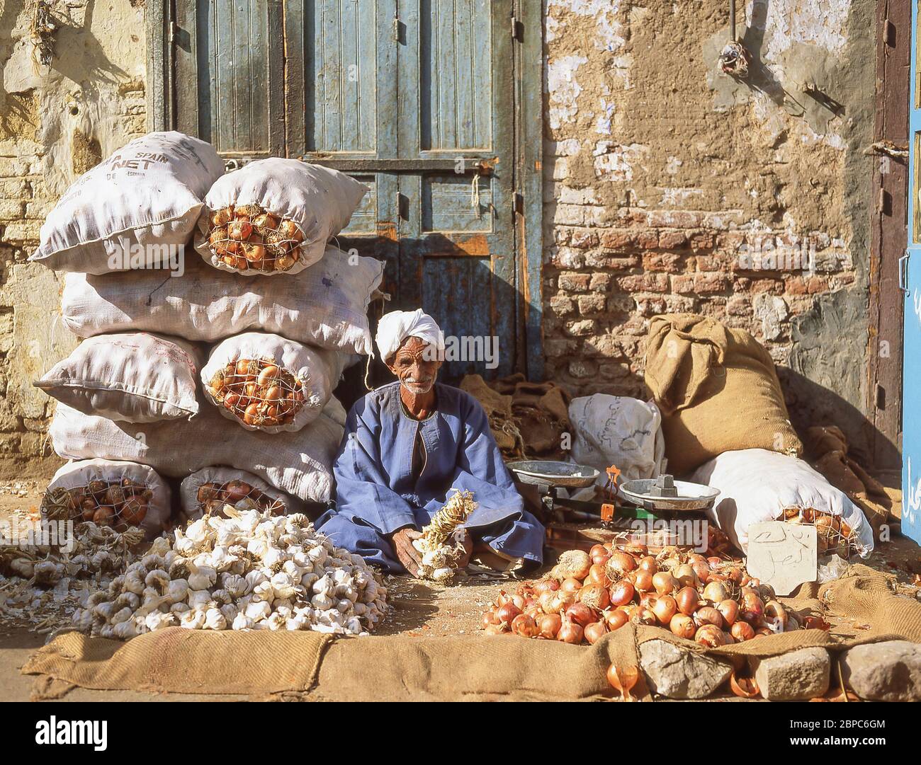 Venditore di cipolle e aglio in souk, Luxor, Luxor Governatorato, Repubblica d'Egitto Foto Stock