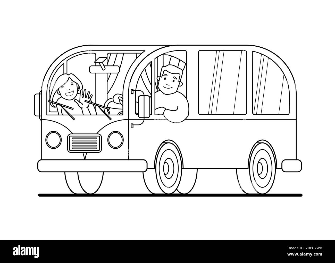 La famiglia viaggia su un minivan; un uomo guida un'auto, una donna le ondeggia la mano. Gente allegra di fumetti in un minivan retrò. Viaggio su strada, vacanza estiva, contorno v Illustrazione Vettoriale La famiglia viaggia su un minivan; un uomo guida un'auto, una donna le ondeggia la mano. Gente allegra di fumetti in un minivan retrò. Viaggio su strada, vacanza estiva, contorno v Illustrazione Vettoriale
