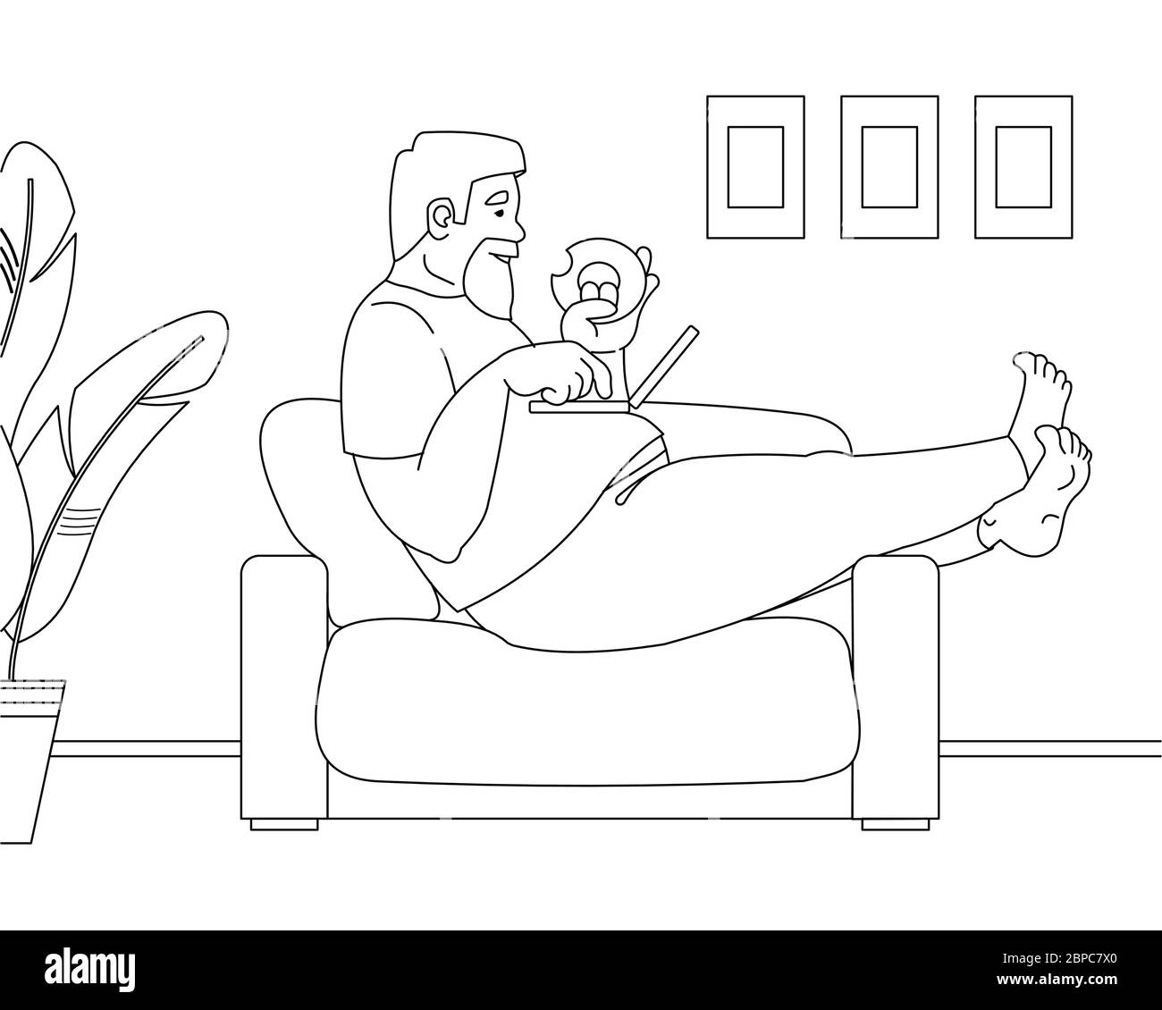 Contorno vettoriale, contorno uomo grasso seduto su un divano con un laptop sullo stomaco, mangiare una ciambella. Il concetto di uno stile di vita sedentario, obesità, lavoro a. Illustrazione Vettoriale