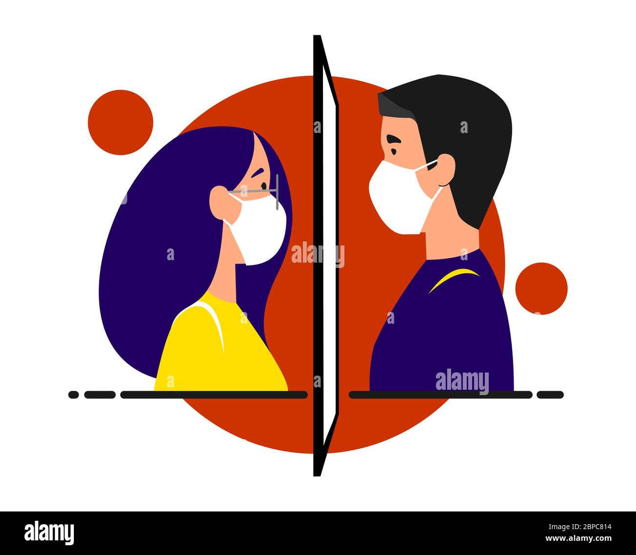 Una ragazza e un ragazzo in maschere mediche sono in piedi l'uno di fronte all'altro, tra loro è un vetro, una finestra. Separato a causa del coronavirus. Rimani a casa, quaran Illustrazione Vettoriale