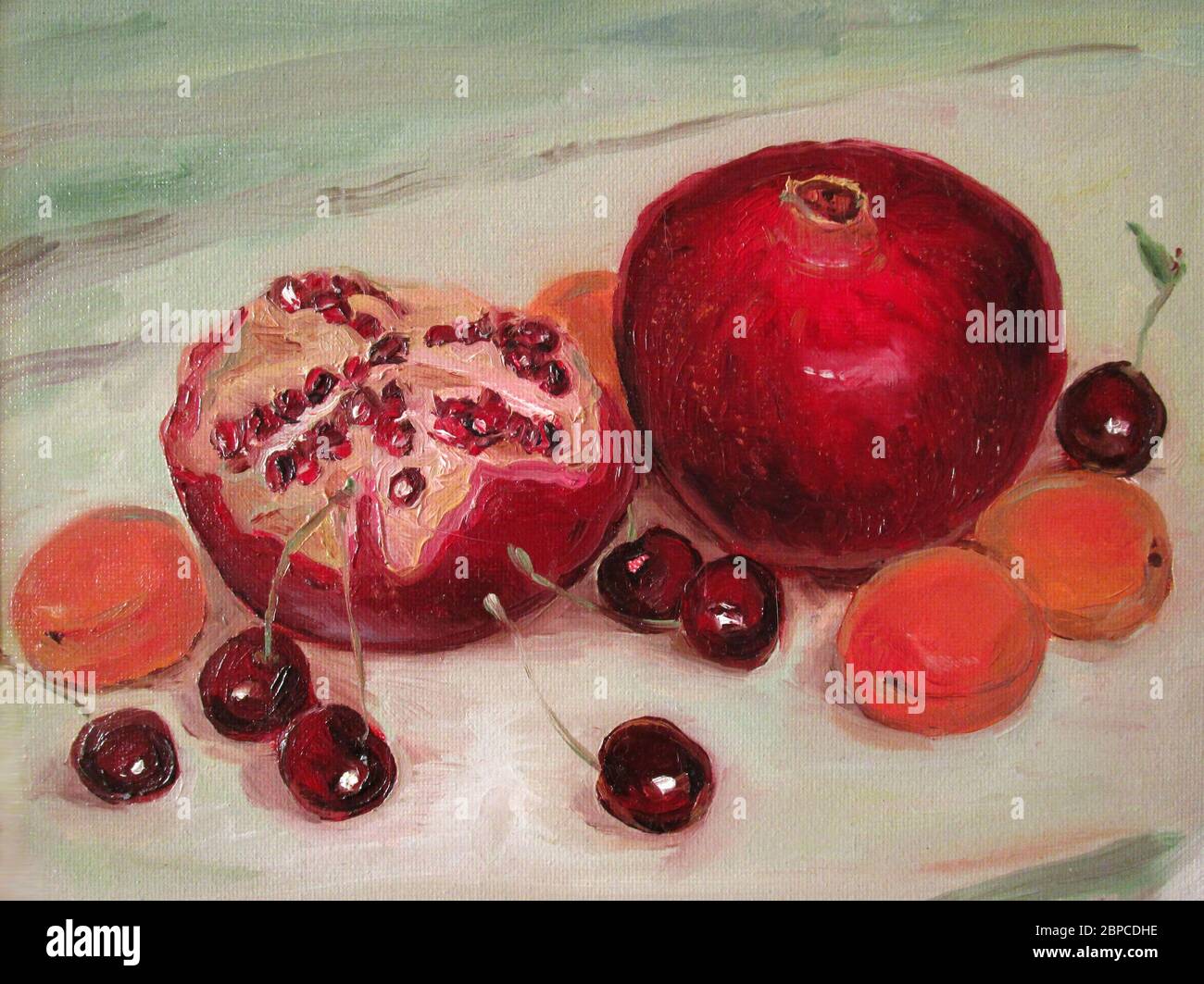 Melograni maturi con albicocche e ciliegie, pittura ad olio Foto Stock