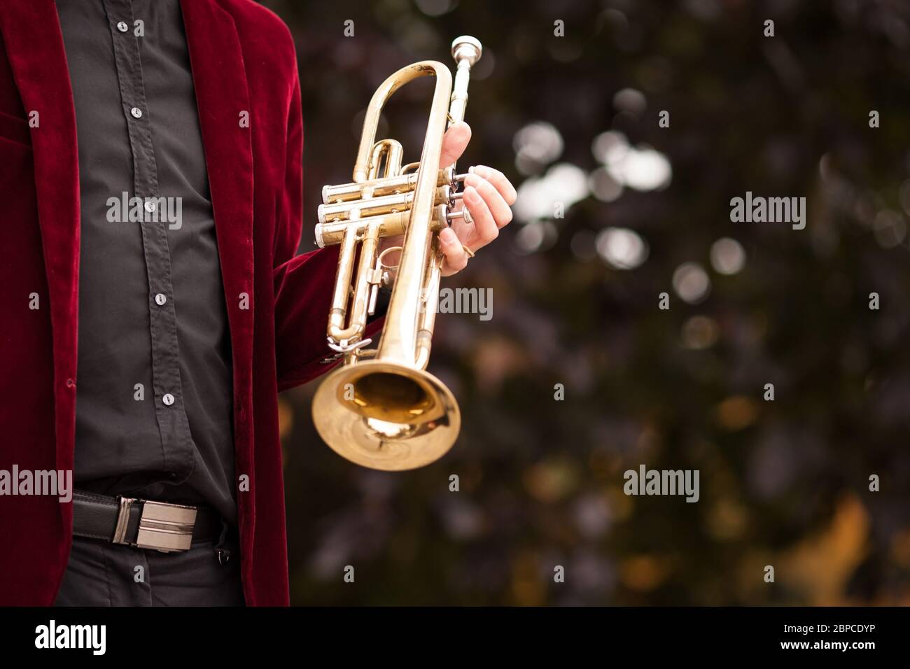 musicista maschile in giacca di velluto borgogna tenendo in mano strumento musicale tromba oro lucido sullo sfondo del fogliame autunno Foto Stock