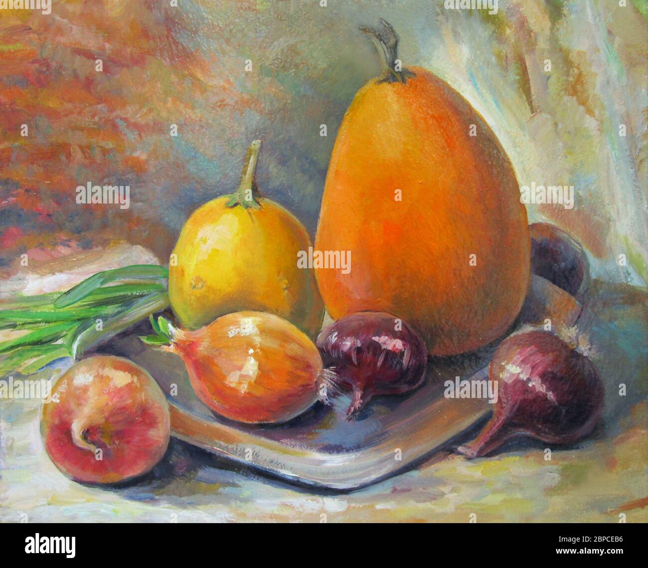 Zucche e cipolle, verdure autunnali, pittura ad olio Foto Stock