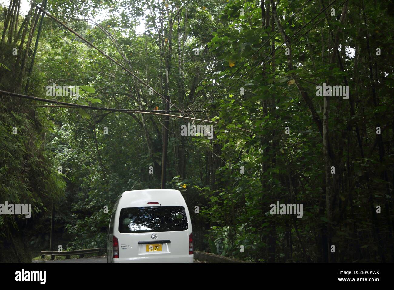 Grand Etang Forest Reserve Grenada Mini Bus che attraversa la foresta pluviale Foto Stock