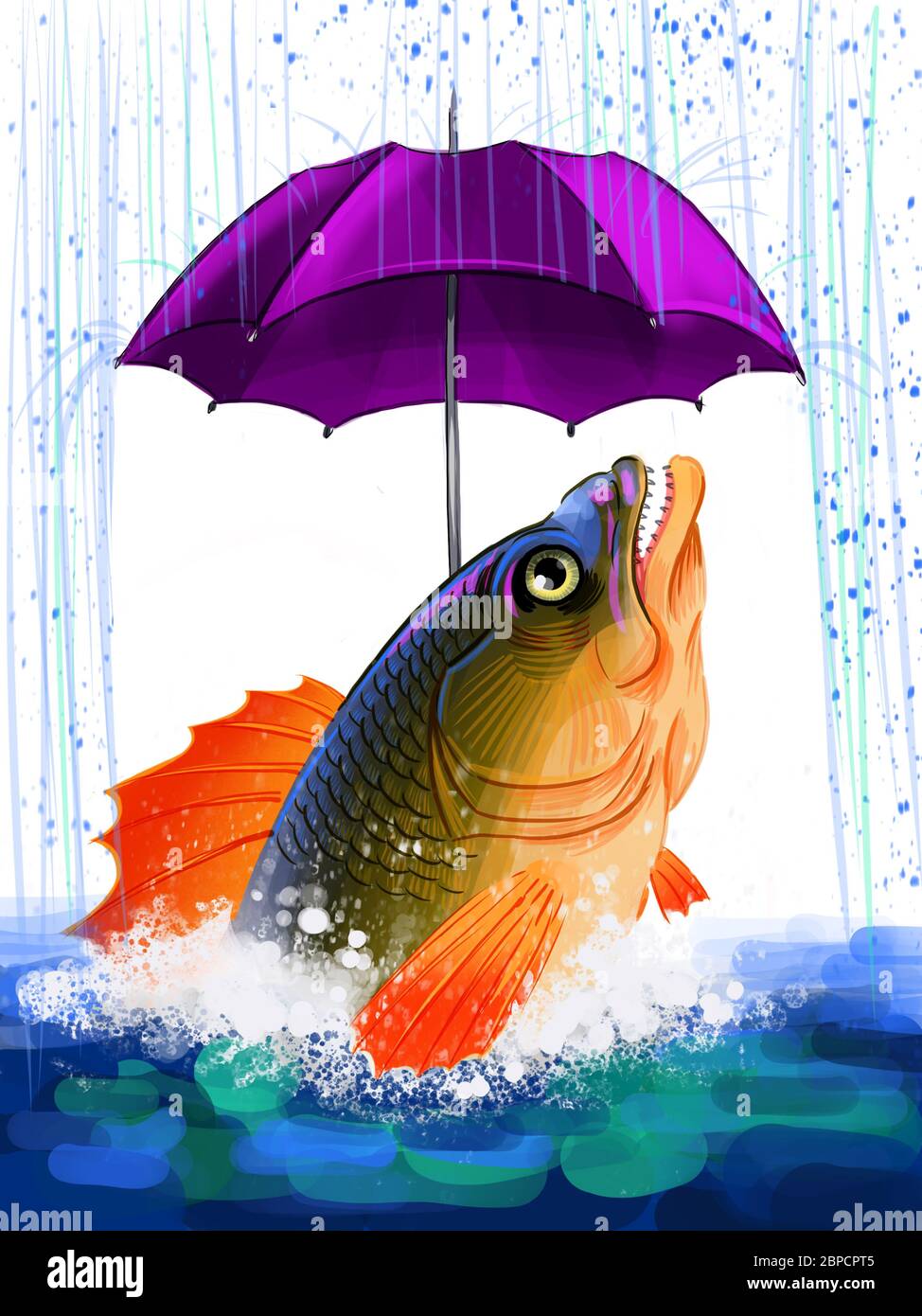 Pesce con ombrello sotto la pioggia. Illustrazione digitale Foto stock -  Alamy