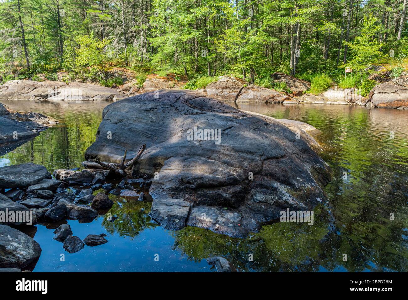 Victoria Falls Conservation Area che mostra la principale area delle cascate, due tonalità di rocce textured e la foresta verde in una giornata soleggiata estate splendida Foto Stock