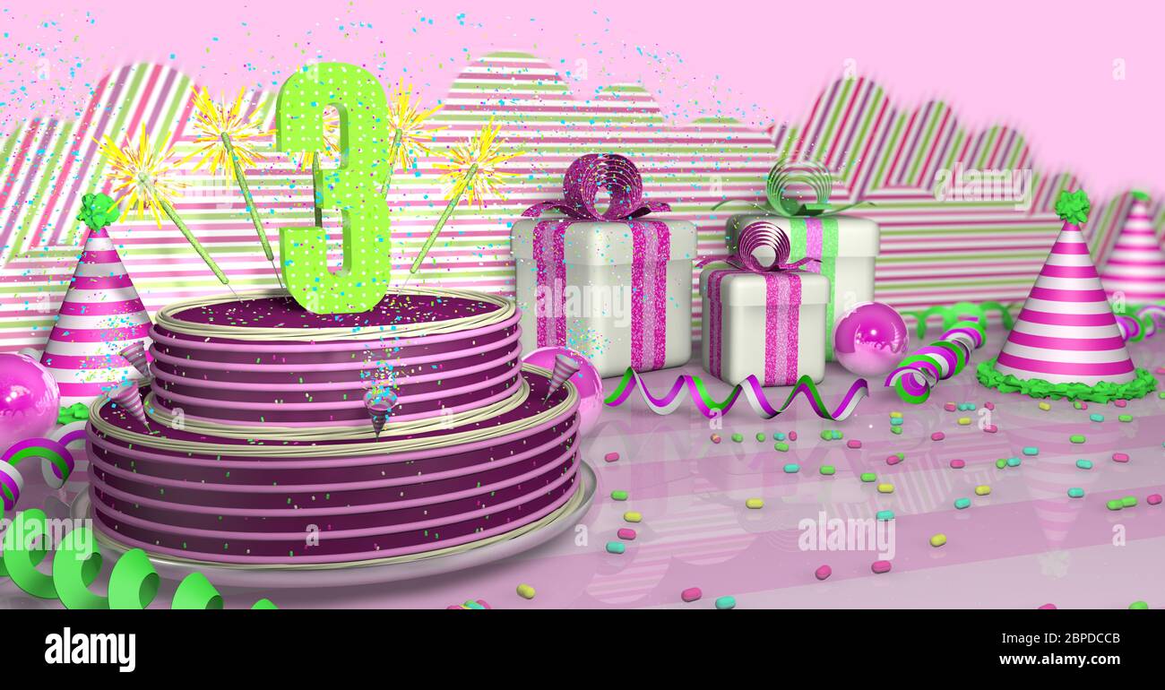 Torta di compleanno viola rotonda 3 decorata con scintille colorate e linee rosa su un tavolo luminoso con ruscelli verdi, cappelli da festa e scatole regalo con rosa Foto Stock