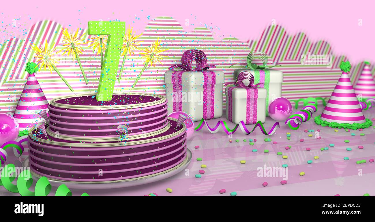 Torta di compleanno viola rotonda 7 decorata con scintille colorate e linee rosa su un tavolo luminoso con ruscelli verdi, cappelli da festa e scatole regalo con rosa Foto Stock