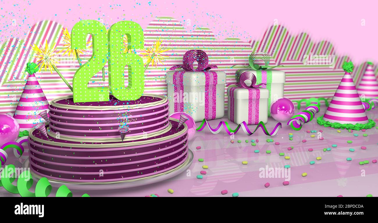 Torta di compleanno viola rotonda 26 decorata con scintille colorate e linee rosa su un tavolo luminoso con ruscelli verdi, cappelli da festa e scatole regalo con pin Foto Stock