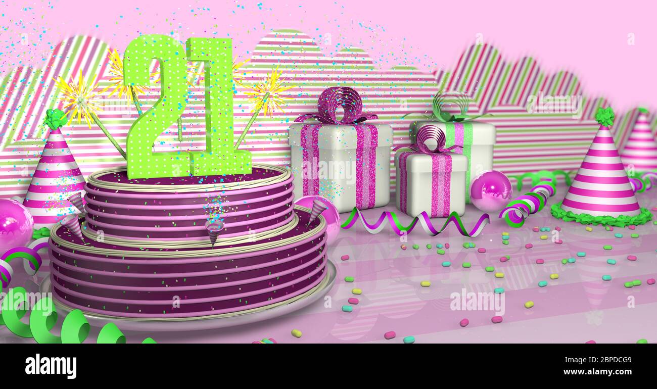 Torta di compleanno viola rotonda 21 decorata con scintille colorate e linee rosa su un tavolo luminoso con ruscelli verdi, cappelli da festa e scatole regalo con pin Foto Stock
