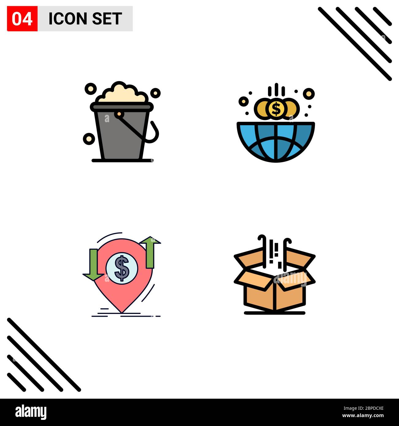 Set di 4 icone moderne dell'interfaccia utente simboli per elementi di progettazione vettoriale editabili bucket, finanziari, domestici, globali, finanziari Illustrazione Vettoriale