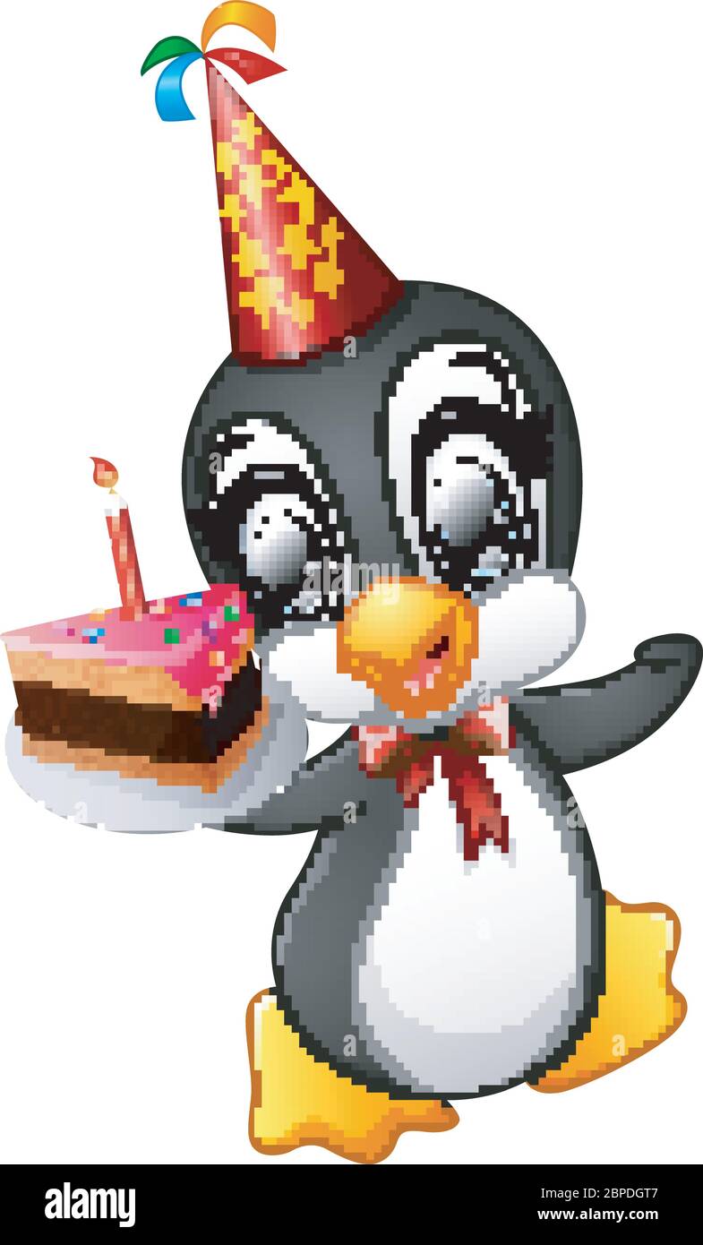 Buon pinguino cartone animato che tiene torta di compleanno Illustrazione Vettoriale