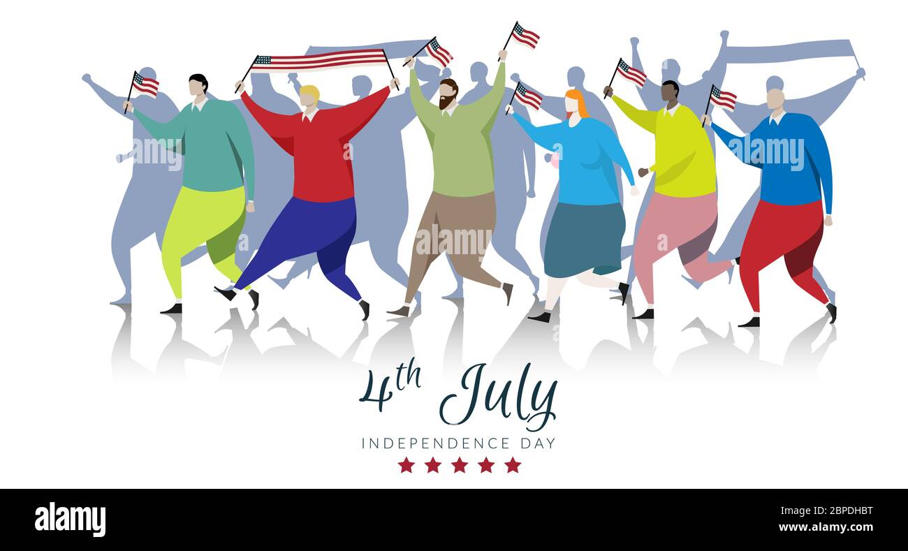 I partecipanti americani che portano la bandiera americana sventolarono mentre il 4 luglio sfilano. Vetector banner di sfondo per la celebrazione del giorno dell'indipendenza è Illustrazione Vettoriale