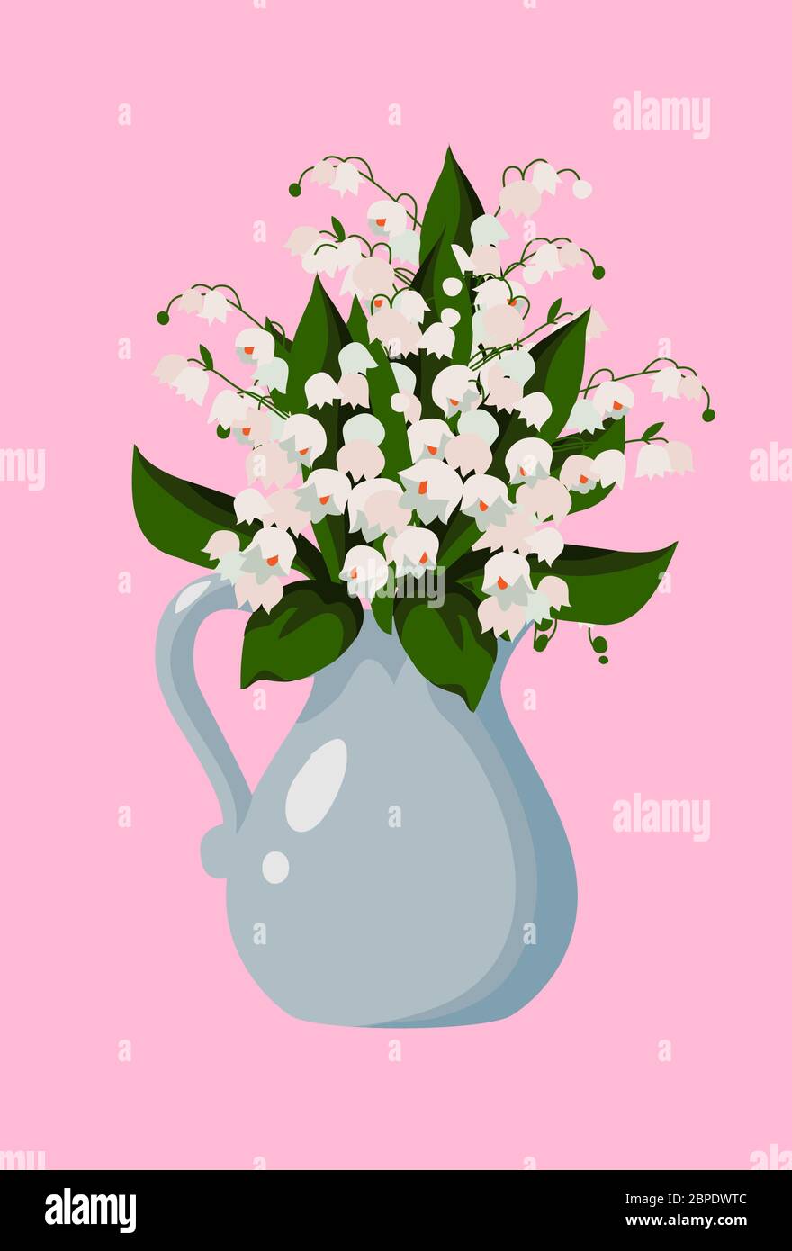Vettore piatto illustrazione con fiori di primavera, bouquet di ninfee carino bianco della valle in vaso su un rosa Illustrazione Vettoriale