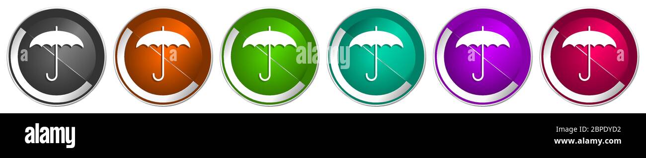 Set di icone ombrello, pulsanti Web vettoriali in metallo cromato argento con 6 colori per webdesign Illustrazione Vettoriale
