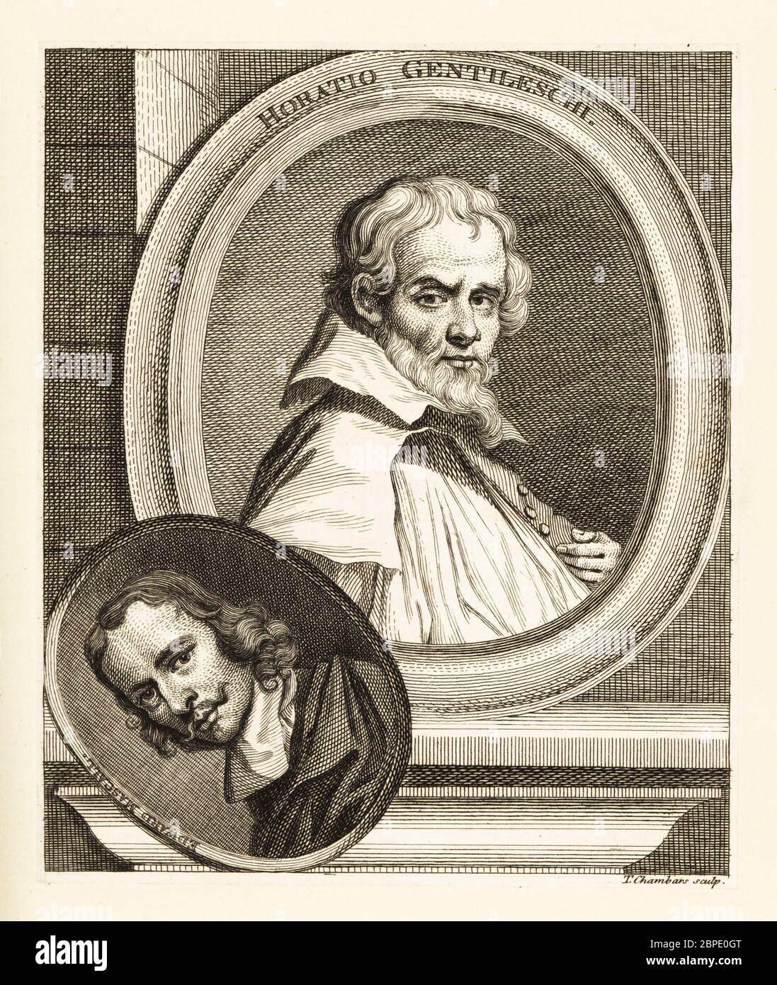 Ritratti ovali di Horatio Gentileschi, pittore italiano, 1563-1639, E Edward Mascall, ritratto inglese attivo durante la Guerra civile Inglese, 1650., incisione Copperplate di Thomas Chambars dopo un ritratto di Anthony van Dyke (Gentileschi) e dopo un ritratto di James Gammon (Mascall) dagli aneddoti di pittura di Horace Walpole in Inghilterra, Londra, 1808. Foto Stock