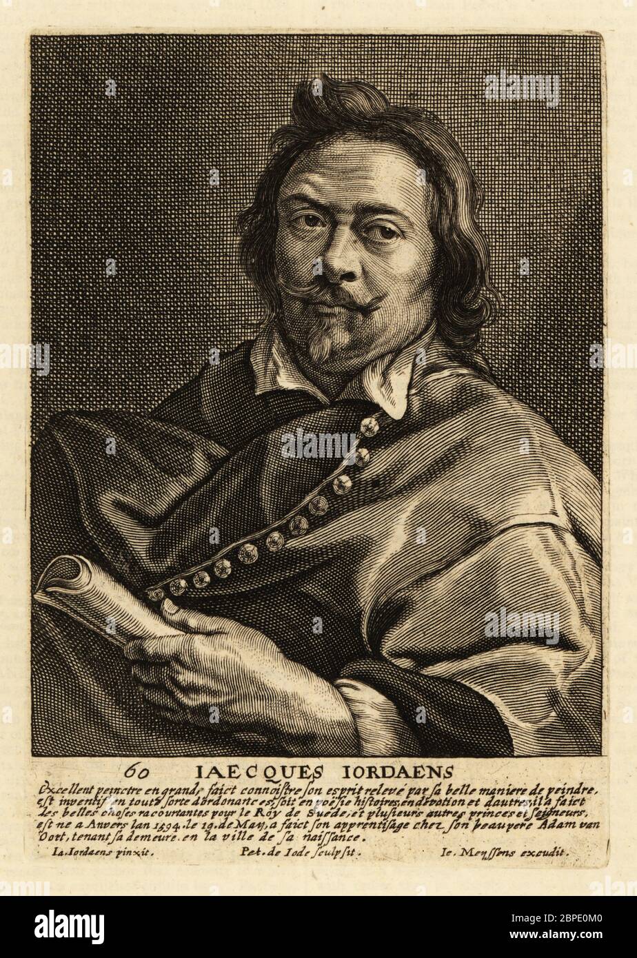 Ritratto di Jacques Jordaens, pittore fiammingo, disegnatore e arazzo noto per la sua storia dipinti, scene di genere e ritratti, 1593-1678. Iaecques Iordaens. Incisione su copperplate di Pieter de Jode il giovane dopo un dipinto di Jacques Jordaens pubblicato su Johannes Meyssens’ Image de Divers hommes d'esprit sublime, Anversa, 1649. Foto Stock