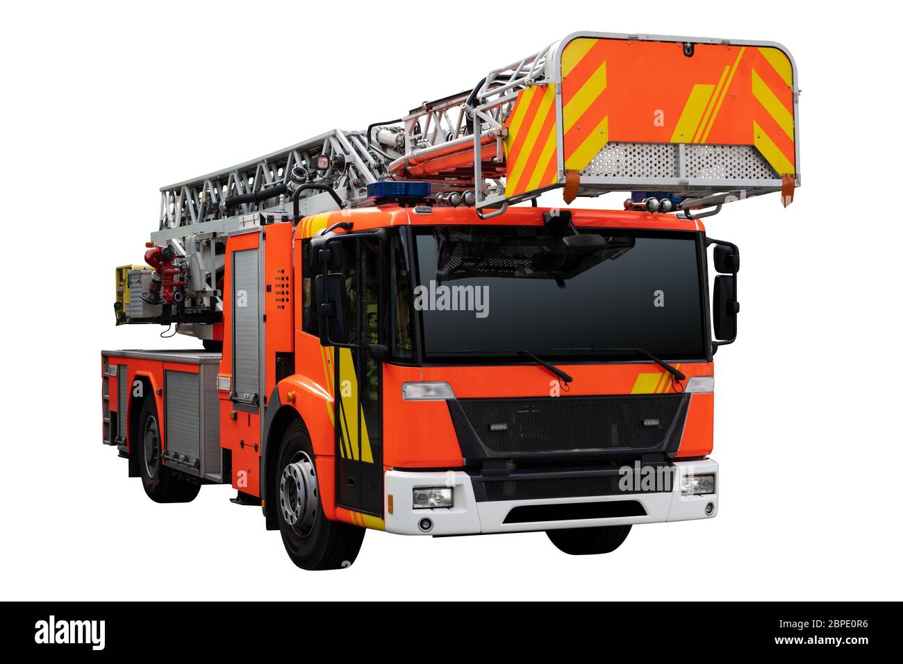 Camion antincendio con scaletta isolata su sfondo bianco Foto Stock