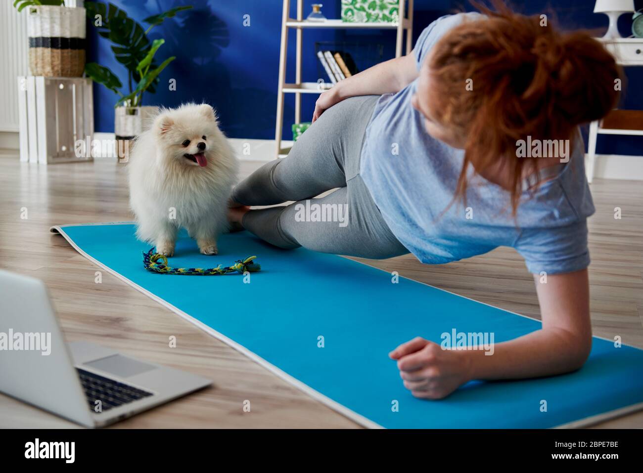 Donna che fa alcuni esercizi di yoga con il suo cane Foto Stock