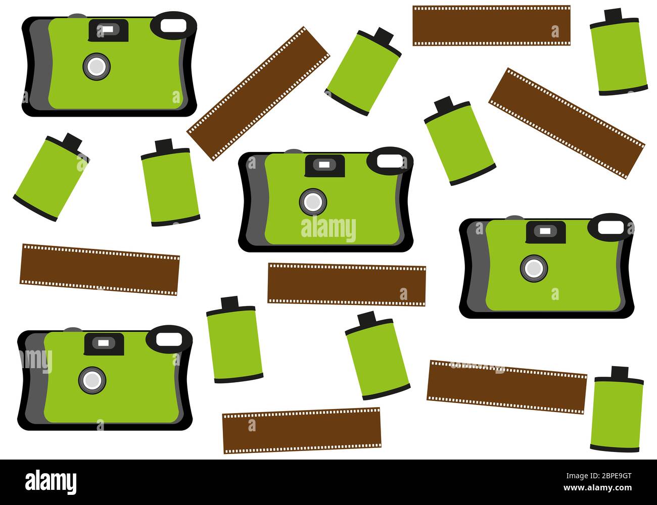 Collage con una fotocamera usa e getta, rotolo di pellicola da 35 mm e colore negativo. Clipart fotografiche. Fotografia analogica. Attrezzatura fotografica. Foto Stock