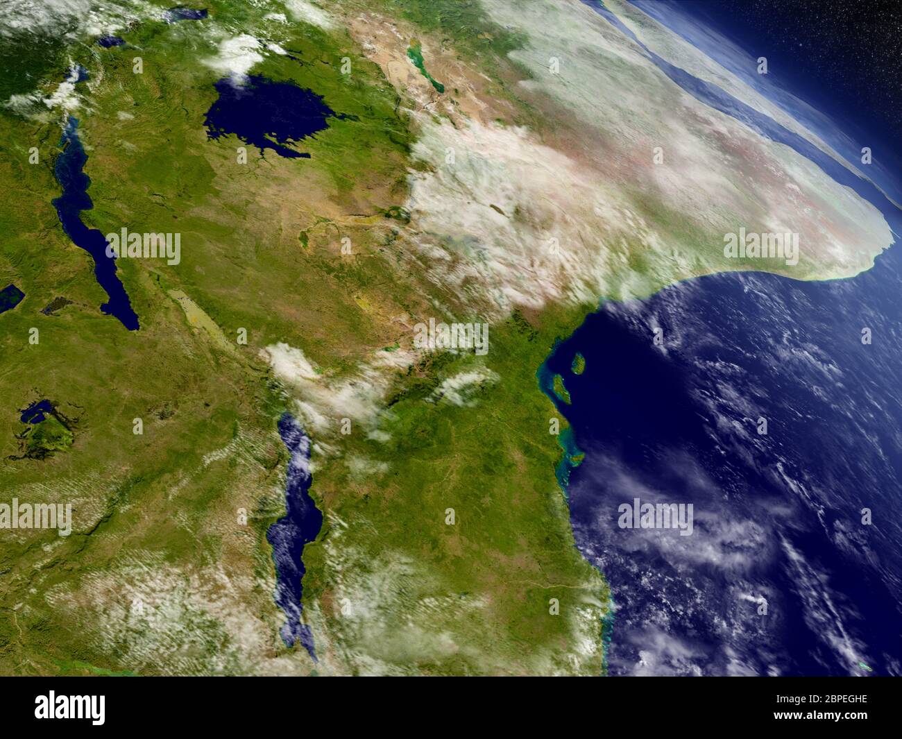 Tanzania con regione circostante vista dall'orbita terrestre nello spazio. Illustrazione 3D con superficie del pianeta estremamente dettagliata e nuvole nell'atmosfera Foto Stock