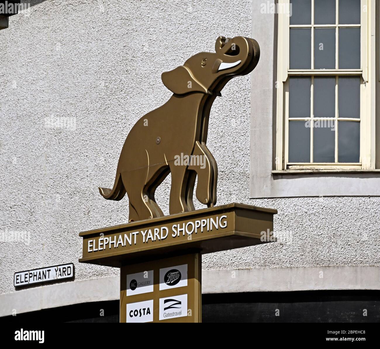 Logo Elephant Yard Shopping. Stricklandgate, Kendal, Cumbria, Inghilterra, Regno Unito, Europa. Foto Stock