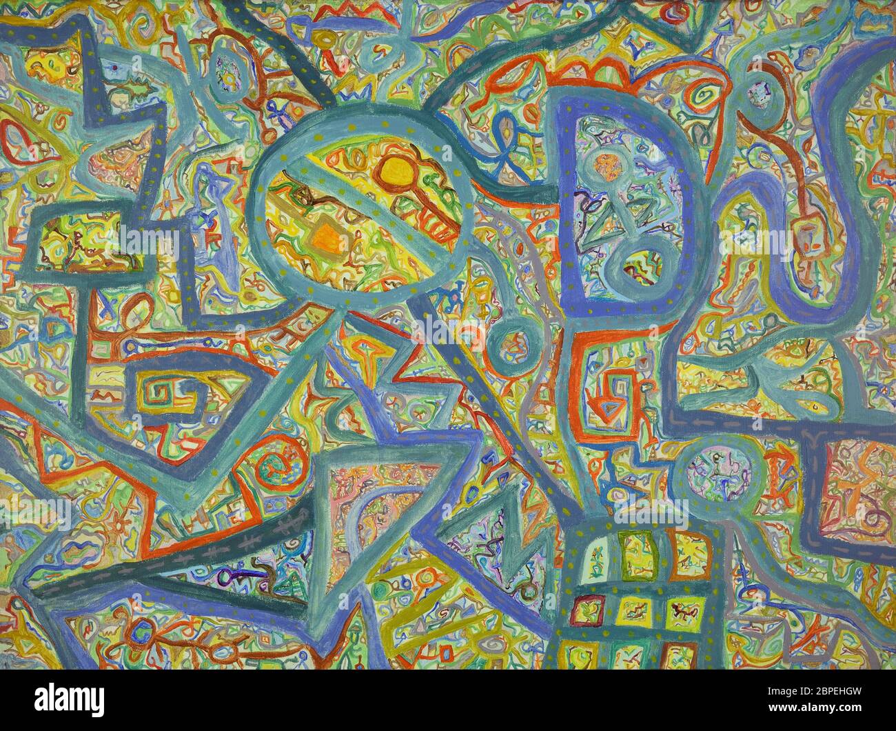 Abstract sfondo colorato con un sacco di linee. Pittura Acrilica su tela di canapa. Foto Stock