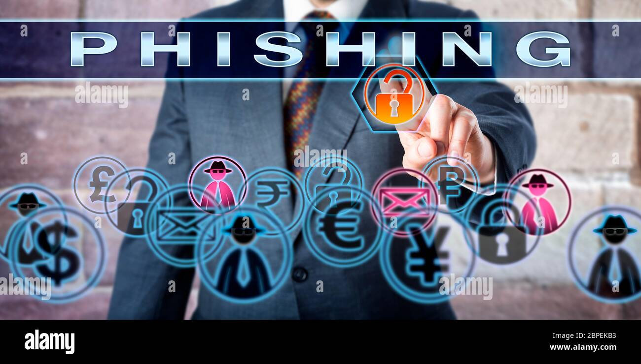 Business manager sta toccando IL PHISHING su una schermata di controllo interattiva. Tecnologia dell'informazione e concetto di criminalità informatica. Icone per attacchi hacker e in Foto Stock