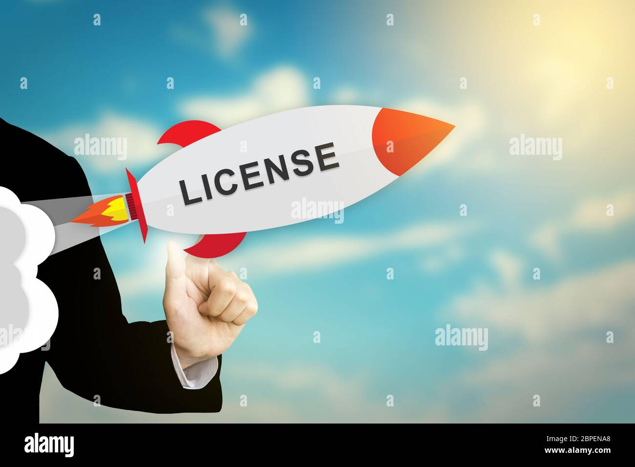 Mano di business facendo clic su licenza design piatto rocket Foto Stock