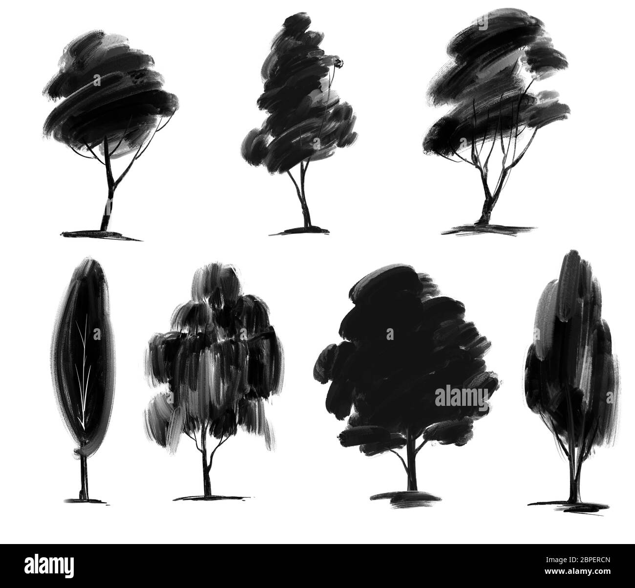 Albero insieme elementi floreali, natura, disegno a mano disegno disegno disegno arte dipinto con acquerelli isolati su sfondo bianco Foto Stock