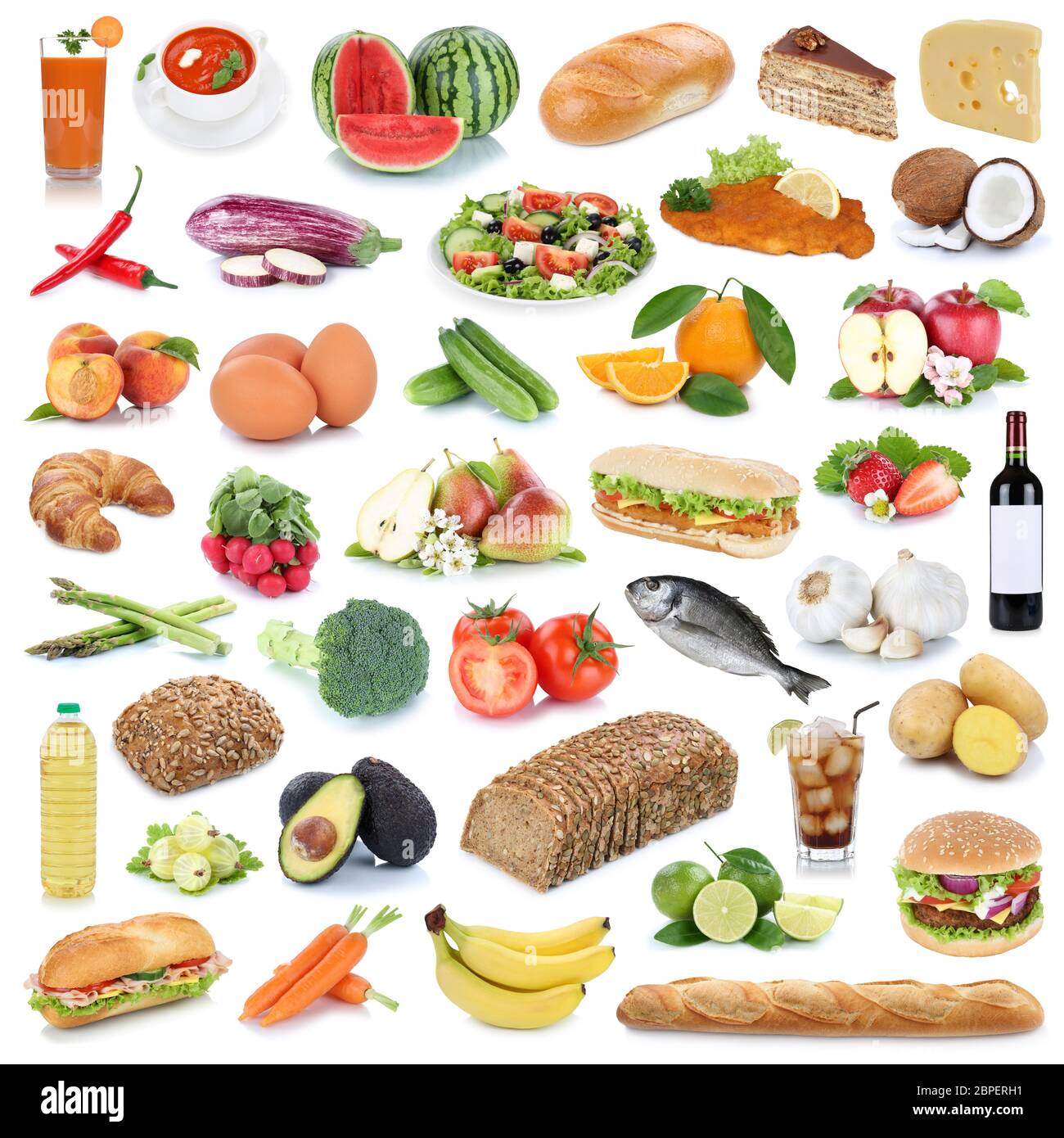Essen Sammlung Hintergrund gesunde Ernährung Obst und Gemüse Früchte Lebensmittel Freisteller freigestellt isoliert Foto Stock