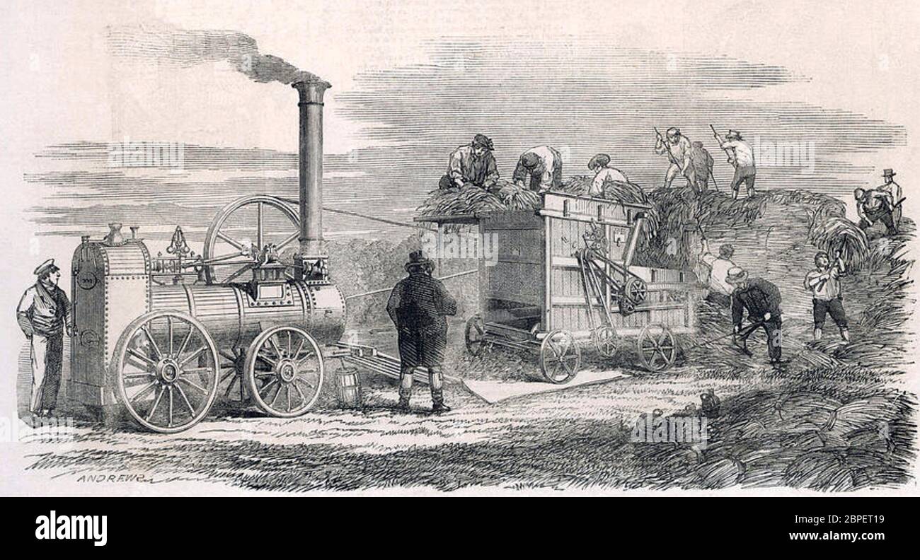RICHARD HORNSBY (1790-1864) uno dei motori portatili a vapore a 2 cilindri dell'inventore inglese che alimentano una macchina trebbiatrice al momento del raccolto circa 1852 Foto Stock