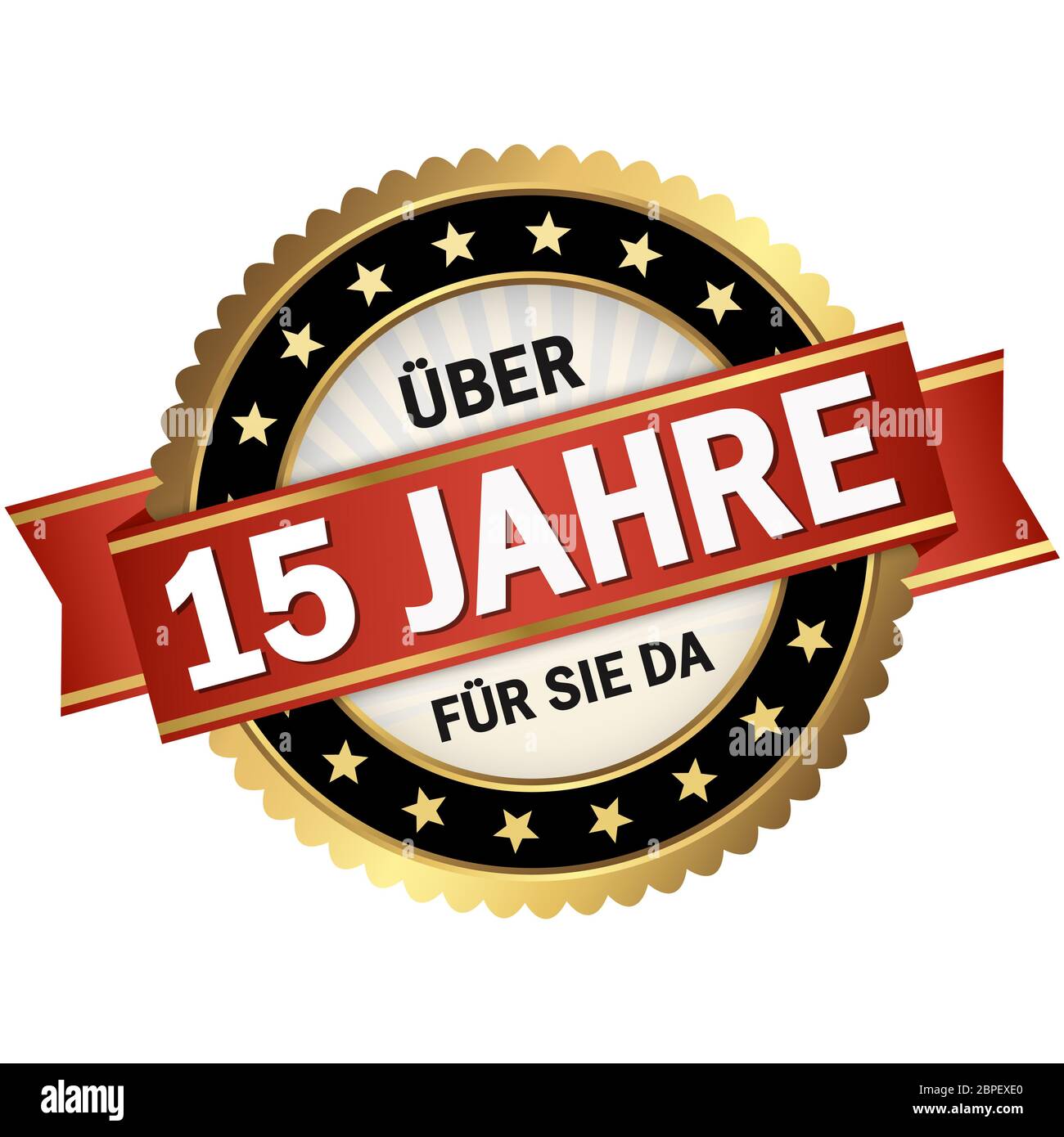 Round sigillo di qualità con telaio nero, banner rosso e il testo di oltre quindici anni per voi (in tedesco) Foto Stock