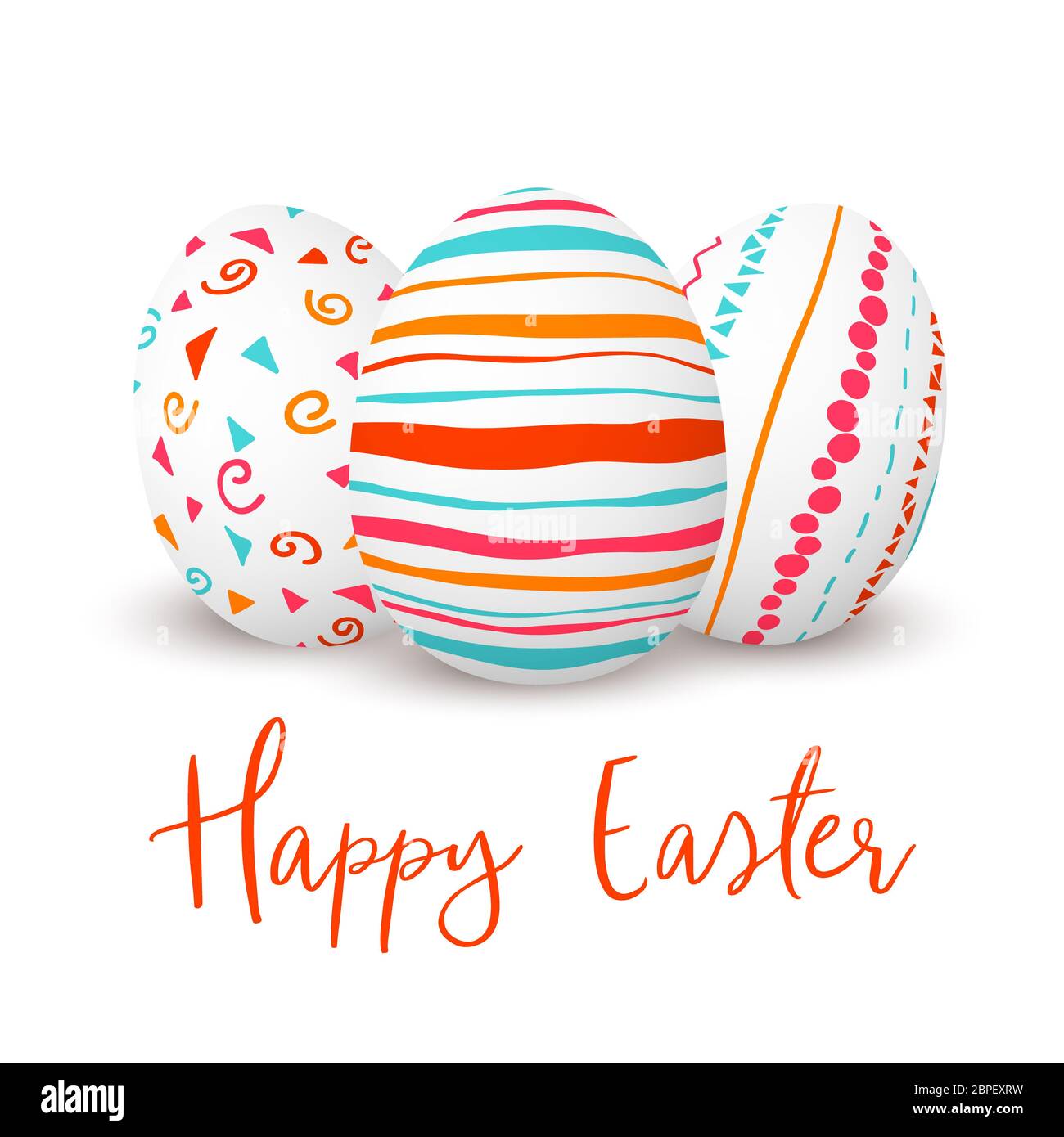 Felice Pasqua. Pasqua decorate in bianco doodle uova. Ornamenti scandinavo. semplice arancione, rosso, strisce blu, pattern , coriandoli, illustrazione vettoriale. Foto Stock