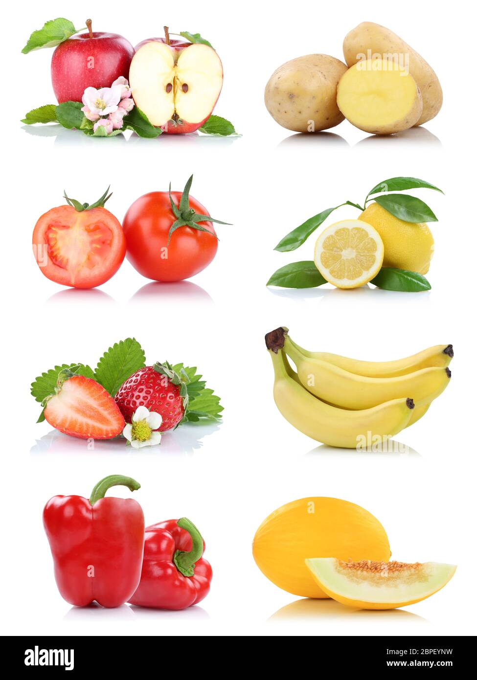 Obst und Gemüse Früchte viele Apfel Tomaten Limone paprica Farben Freisteller freigestellt isoliert vor einem weissen Hintergrund Foto Stock
