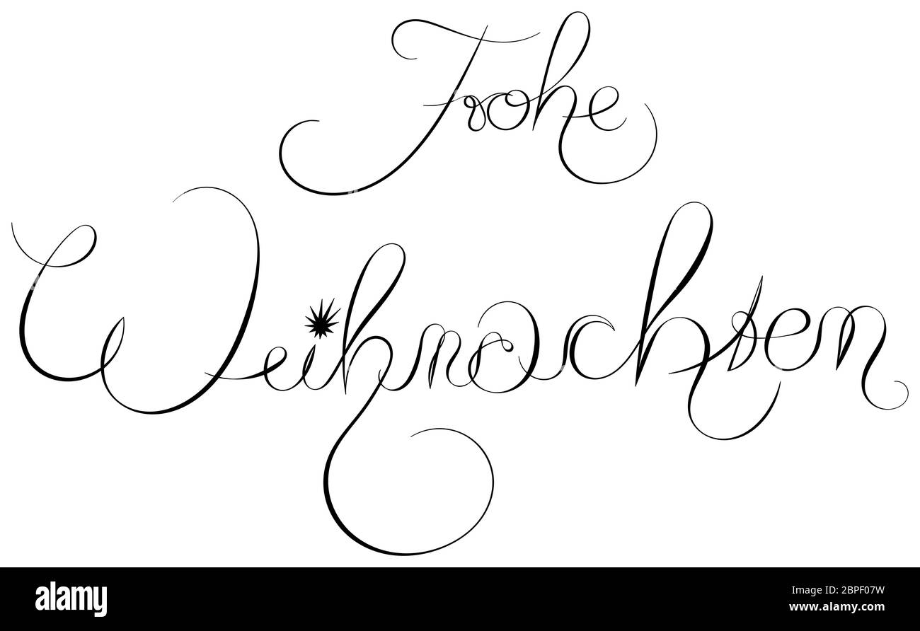 Disegno della scheda di Natale con la scritta di stile di calligraphy vintage su bianco. Buon Natale in tedesco. Foto Stock
