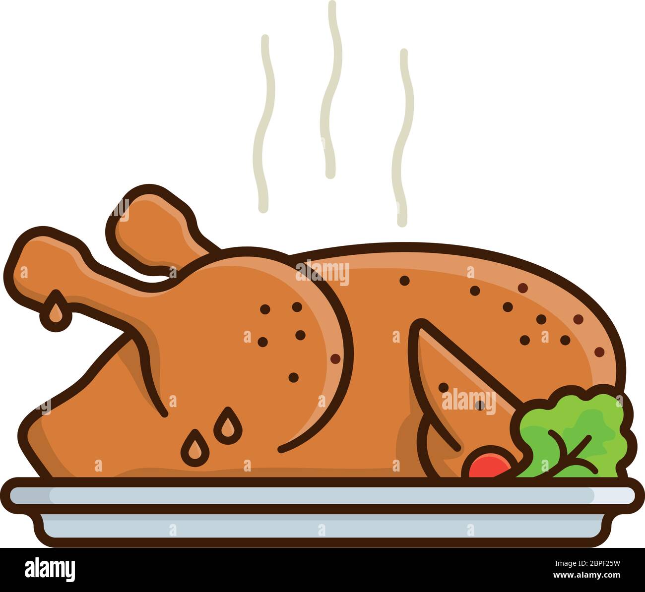 Pollo alla griglia su un piatto isolato vettore illustrazione per Rotisserie Chicken Day il 2 giugno. Simbolo del colore degli alimenti da togliere. Illustrazione Vettoriale