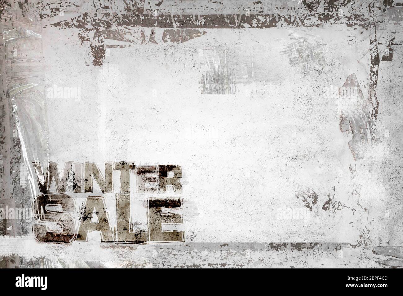 Inverno vendita Grunge sfondo con una schifezza telaio e resti di nastro Scotch e cellophane. Completamente modificabile. Sporco design artistico elemento, box, il telaio F Foto Stock